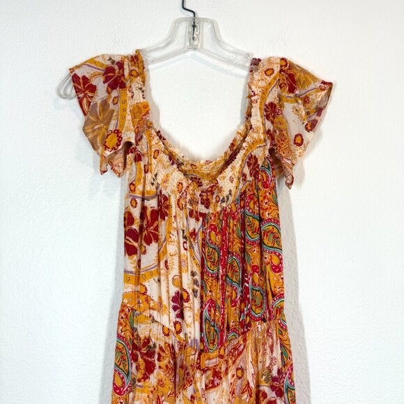 Free People Carmen Off the Shoulder Jumpsuit Orange Red Paisley XS - Picture 7 of 14